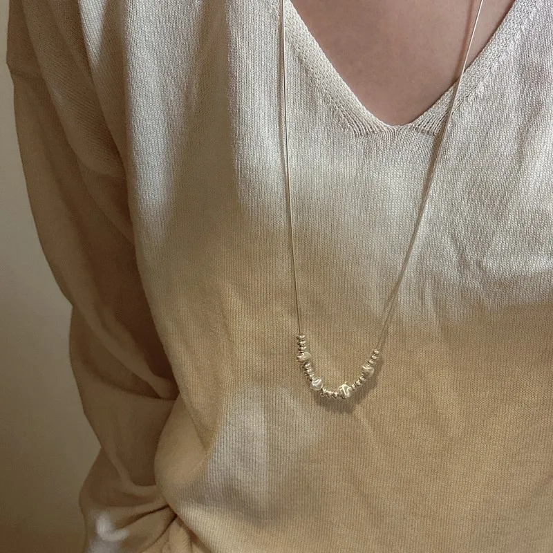 F.I.N.S S925 Sterling Silver Bead Necklace for Women Girl Geometry Lucky Adjustable Chain Choker Jewelry Long Sweater Chain view 4
