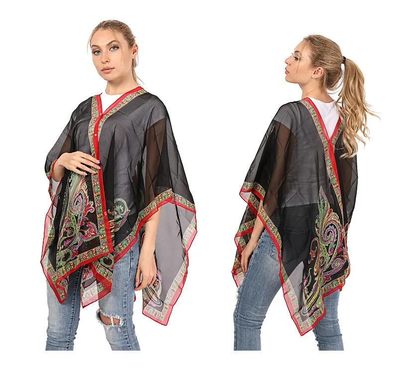 

Women Ponchos Capes Summer Sunshade Imitation Silk Button Shawl Flower Print Sunscreen Shawl Gift Silk Scarf Shawl Cloak Black