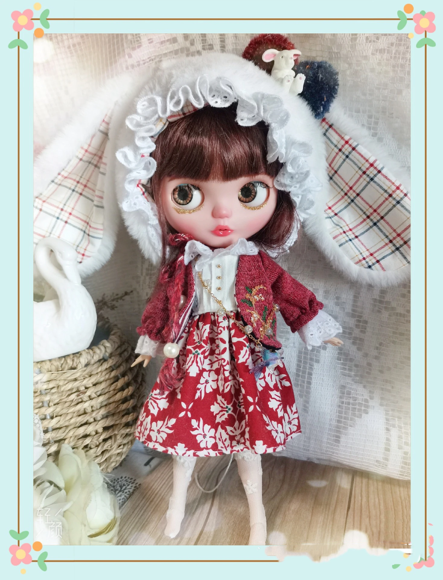 Hand embroidery Blythe clothes dress Sweater floral skirt 1/6 30cm BJD anime girl (Fit Pullip,Ob24, ob22、monster 、holala、Licca)