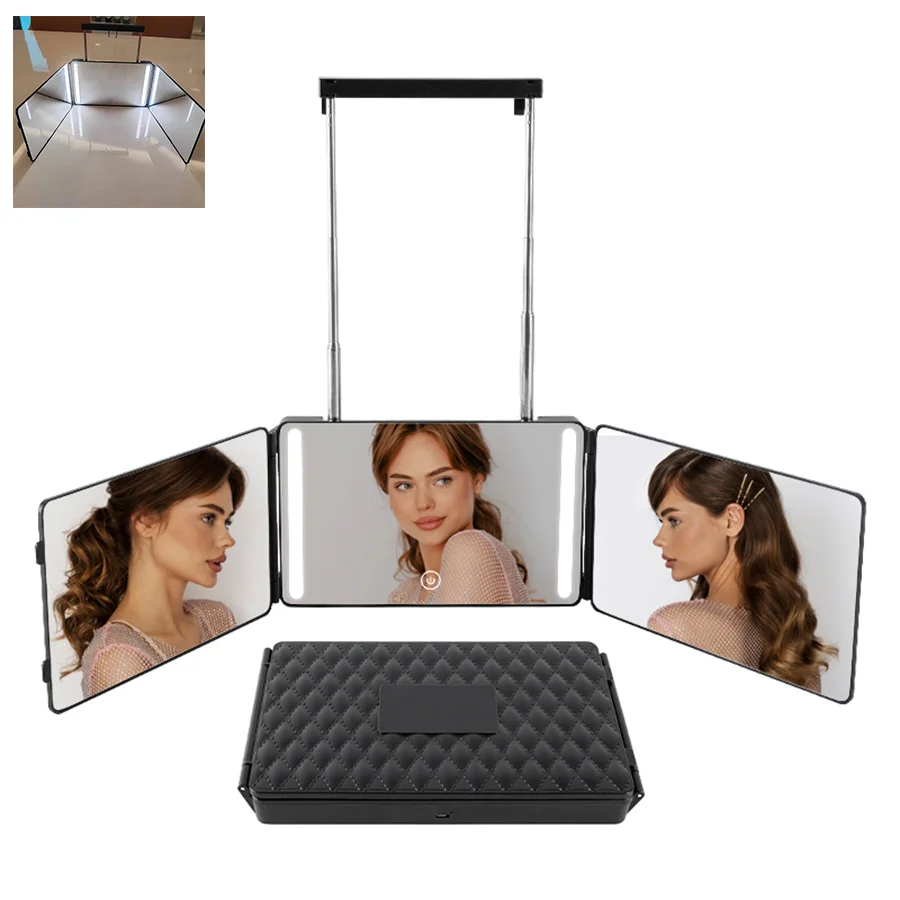 Mini espejo de 3 vías autocortante, espejo de maquillaje de corte 360, LED, ajuste de brillo, afeitado solo, Mini espejo de maquillaje