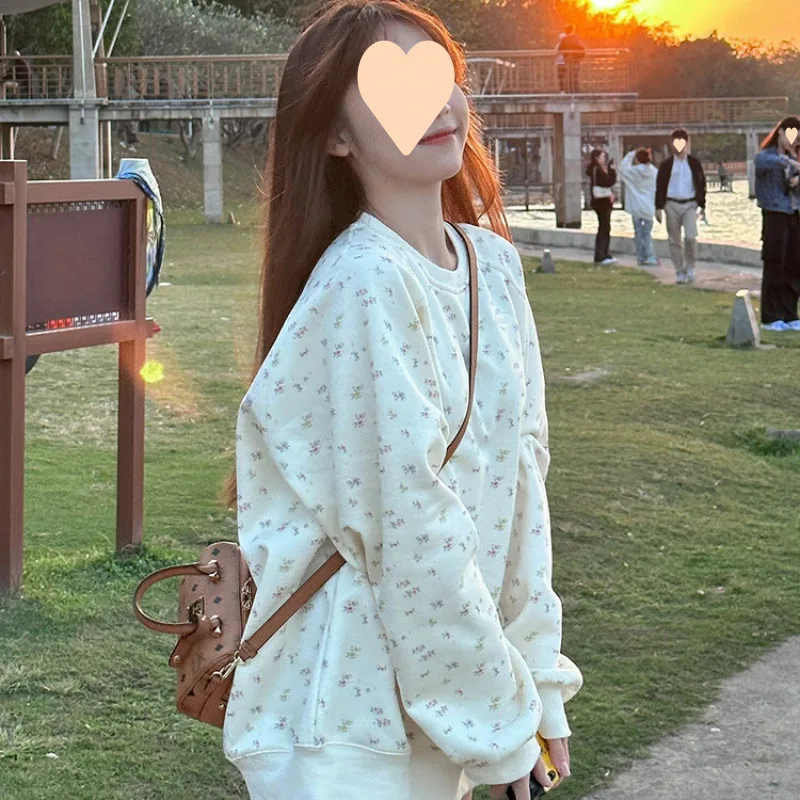 

Sweet Floral Hoodless Sweatshirt for Women Spring Autumn New Loose Long Sleeves Round Neck Top Fashion Women's Clothing Apricot