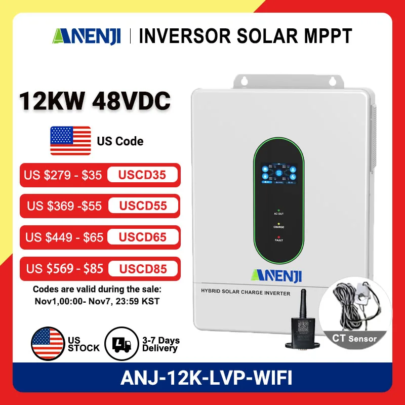 

110V/120V 12KW Hybrid Solar Inverter 48V Photovoltaic Inverter Pure Sine On/Off Grid Built-in 200A Parallel Solar Charge Control