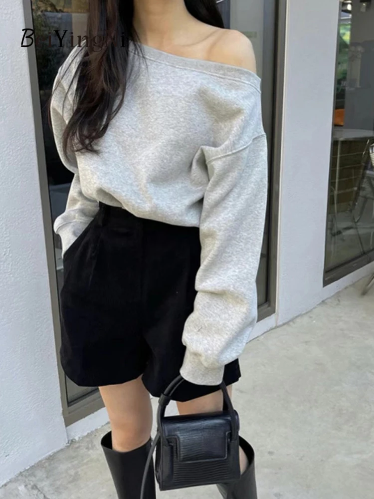 Beiyingni Y2K Hoodies Women Sexy Off Shoulder Loose Oversized Crop Tops Female Casual White Hoody Chic Korean Winter Sweatshirts