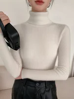 Women's High Neck Knitted Sweater, Korean Version, Slim, Long Sleeve, Solid Simple, Basic Style, Knit Pullover Top, Autumn, New