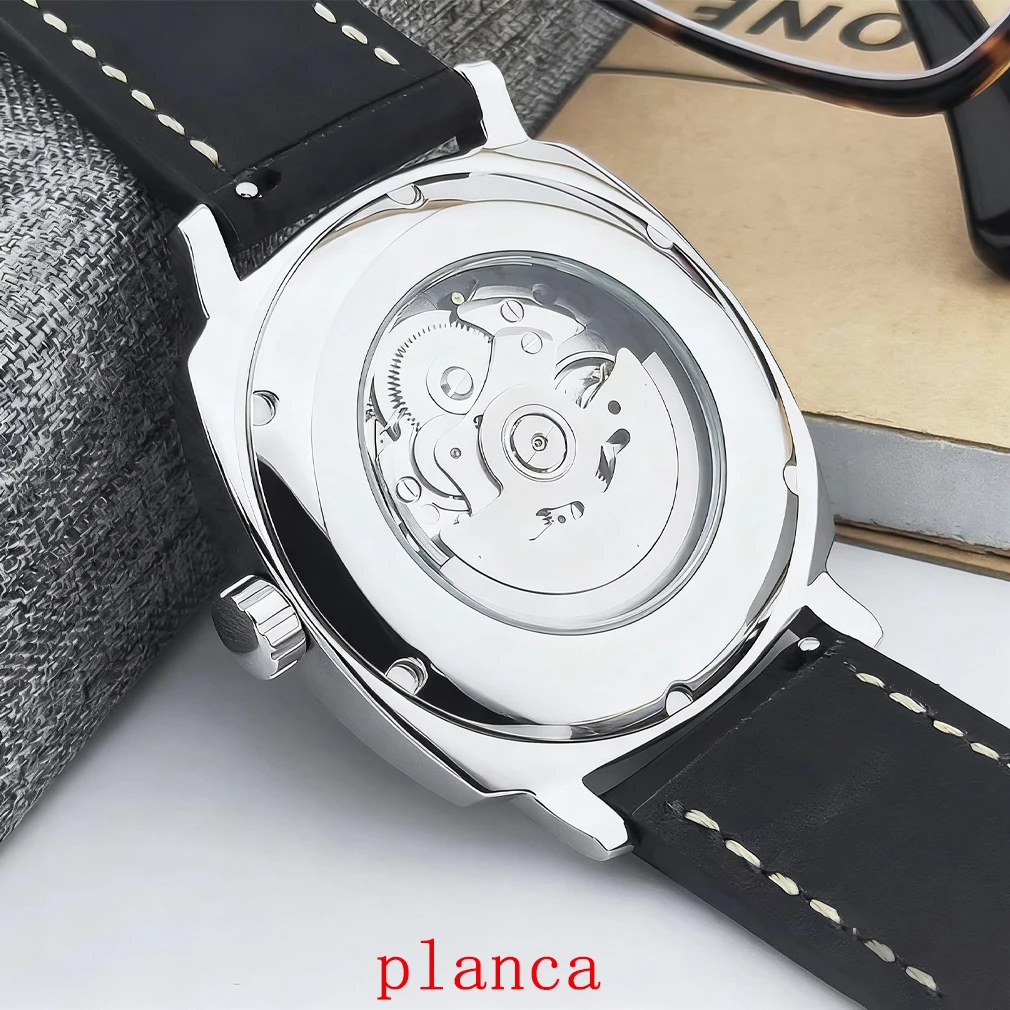 Customized logo 42mm NH39 Mechanical Leather Strap Sapphire White Black Dial Men's Watch