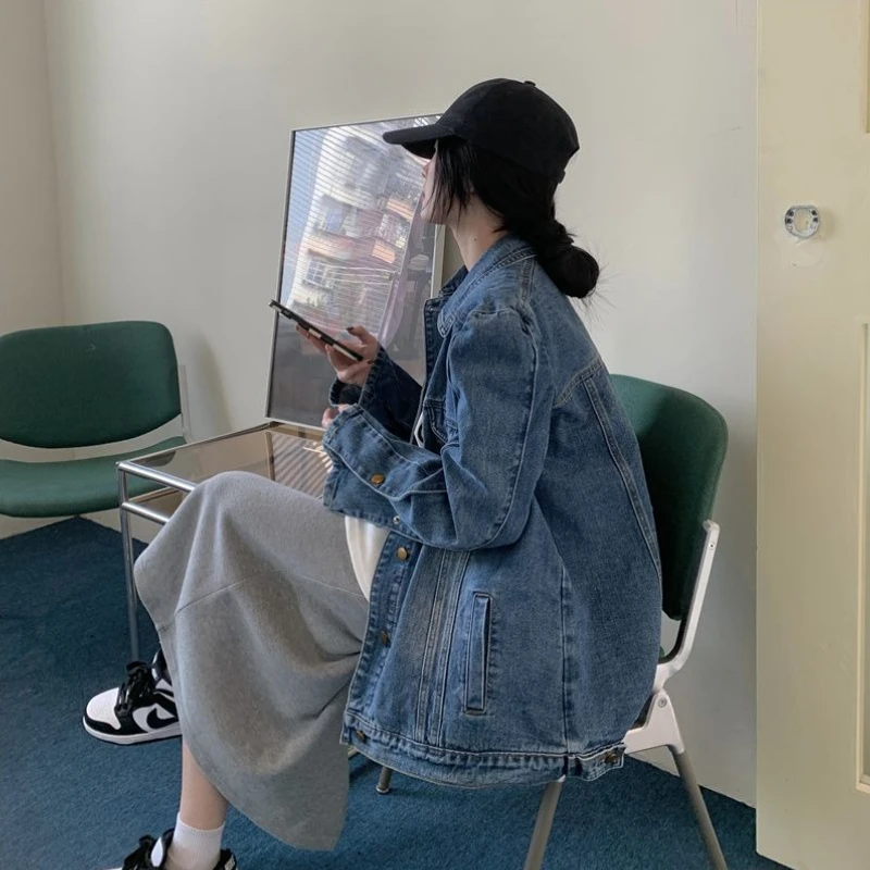 2025 nuove donne vintage unico street style spalla dritta metà lunga giacca di jeans scuro coreano allentato primavera autunno capispalla