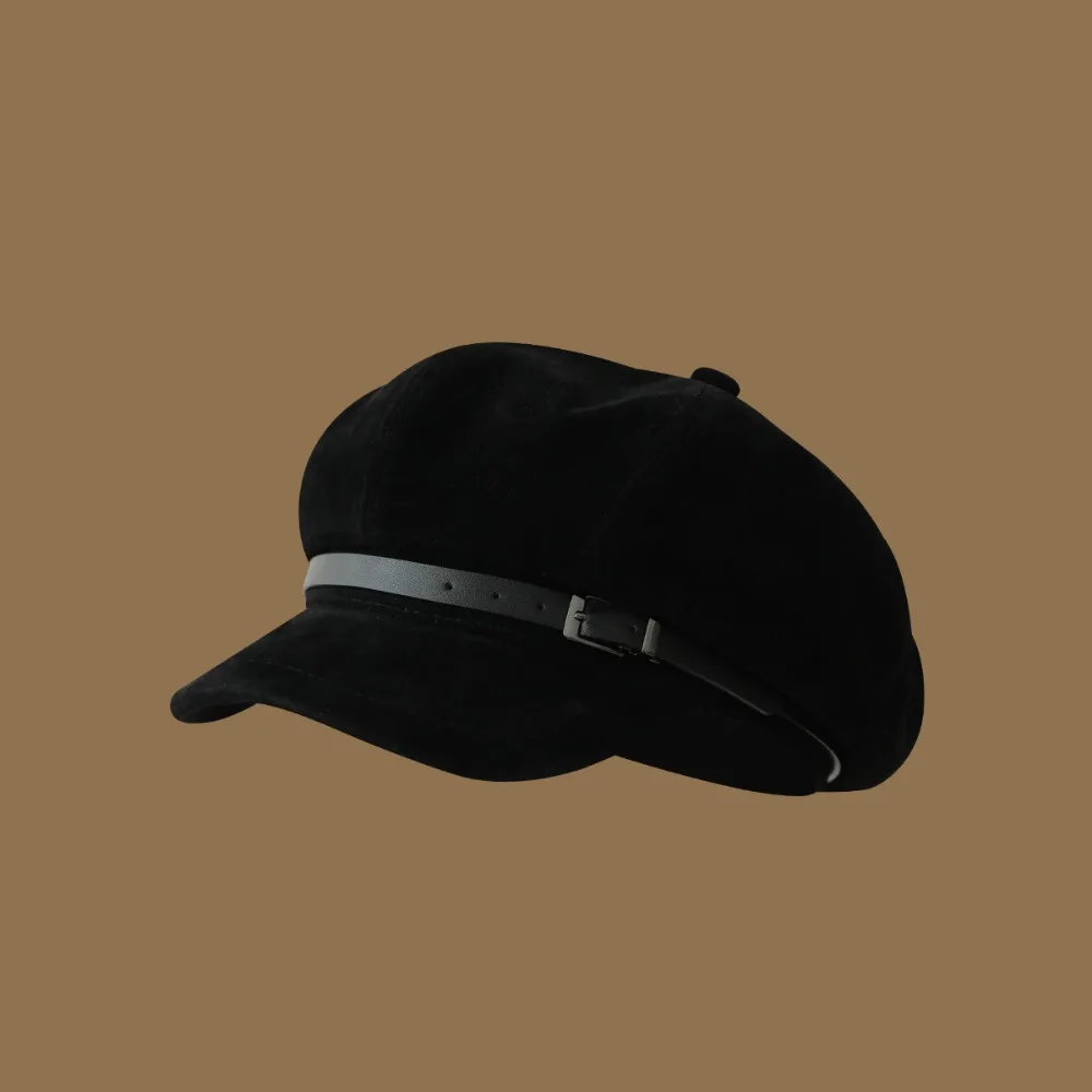 

Casual British Style Pu Leather Beret Belt Buckle Brown Suede Octagonal Hat Newsboy Cap Korean Style Painter Hat Streetwear