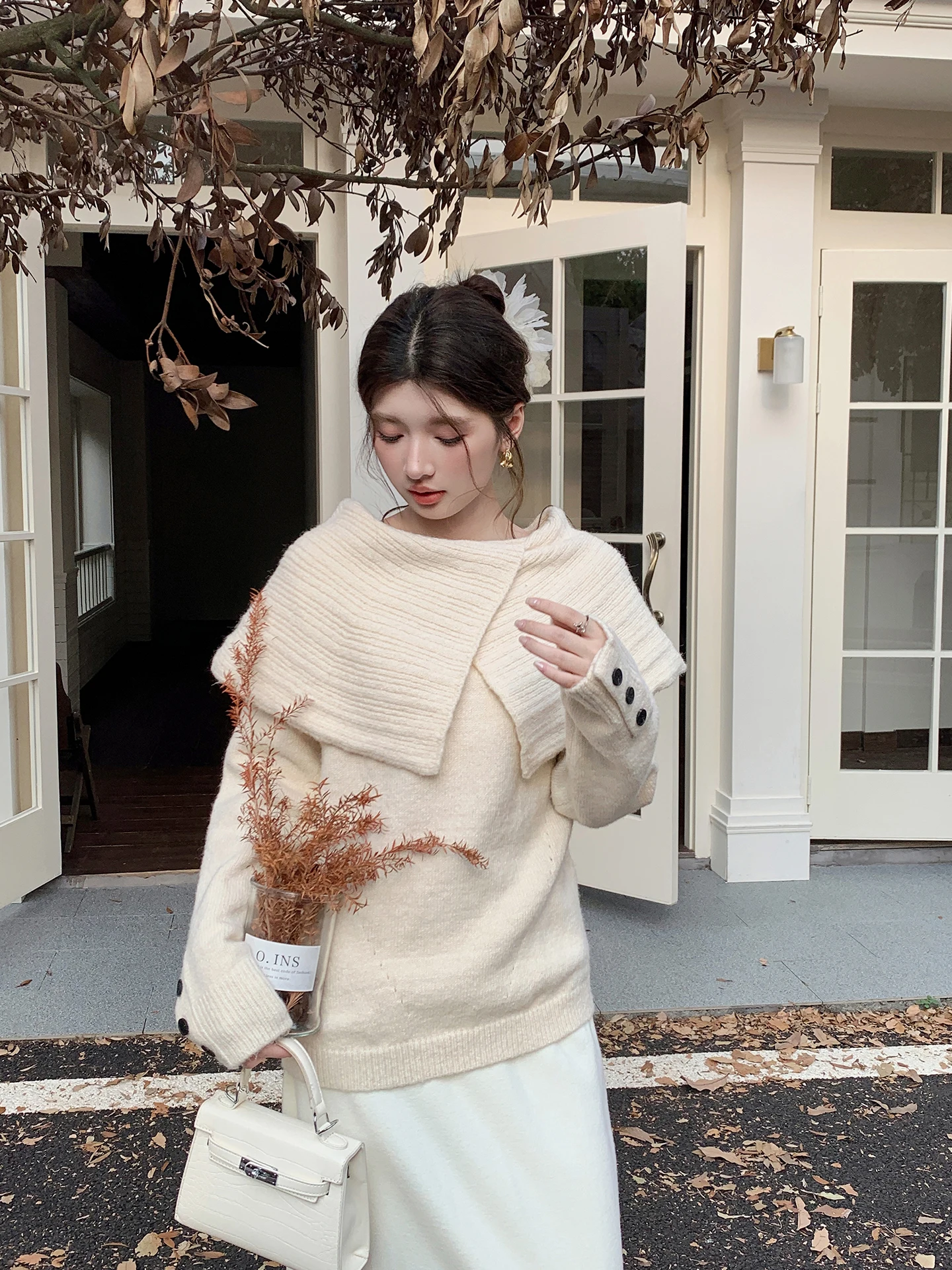 

Женский вязаный свитер Ele с крупным воротником и дизайном на одно плечо, новинка зимы, повседневный, удобный крой