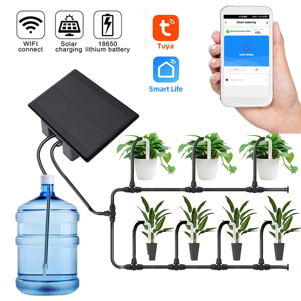 MUCIAKIE Wifi Compatible Solar Timed Irrigation kit Intelligent Drip Irrigation Remote Control Irrigation kit for Garden Balconi