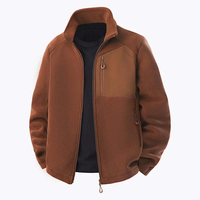 Men Stand Collar Fleece Jacket Color Block Splicing Warm Outdoor Casual Zip Coat