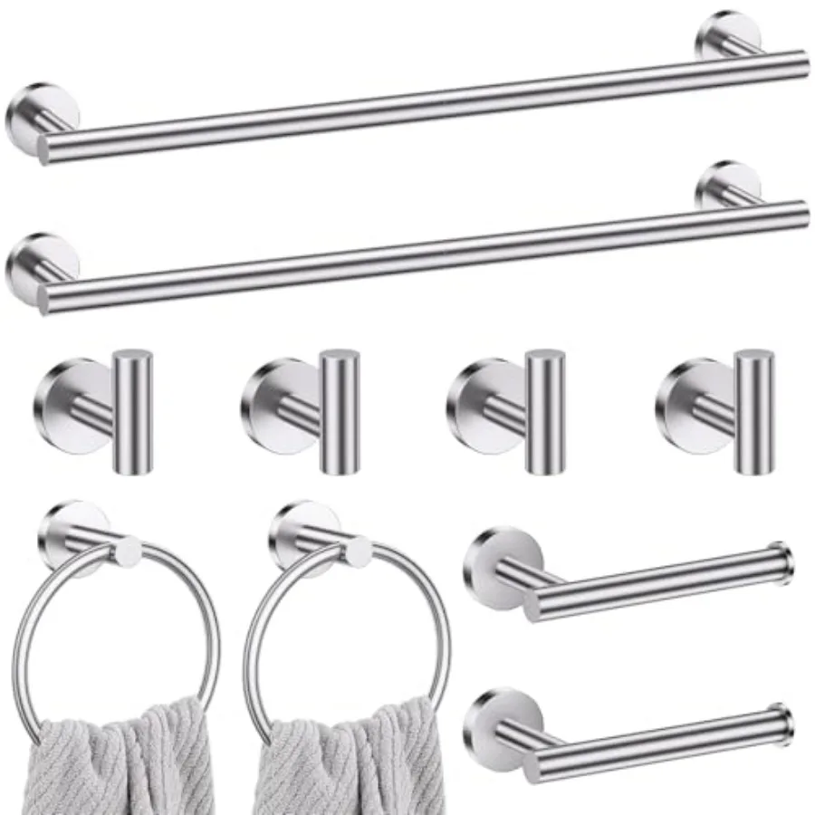 

Bathroom hardware set: brushed nickel finish, SUS304 stainless steel, 10-piece wall-mounted round towel bar set with corrosion