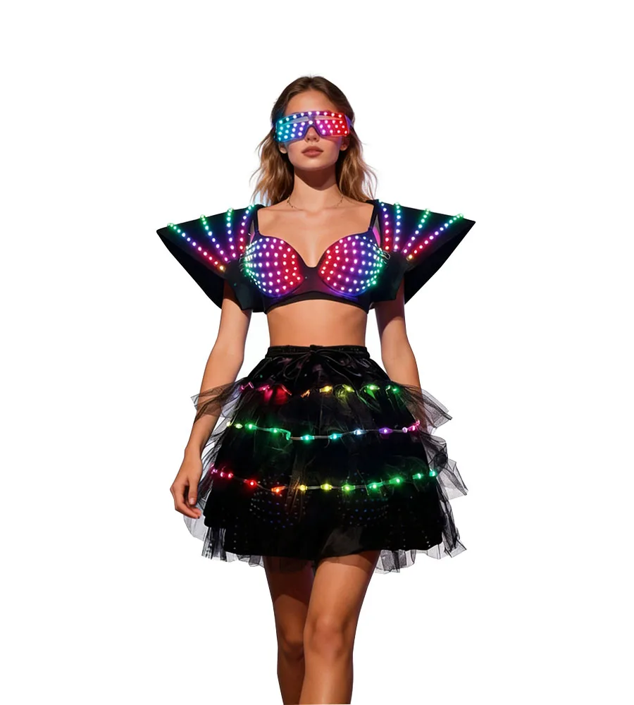 

Костюм Киберпанк Rave со светодиодной подсветкой: неоновое крыло и наряд-пачка для клубных вечеринок и выступлений