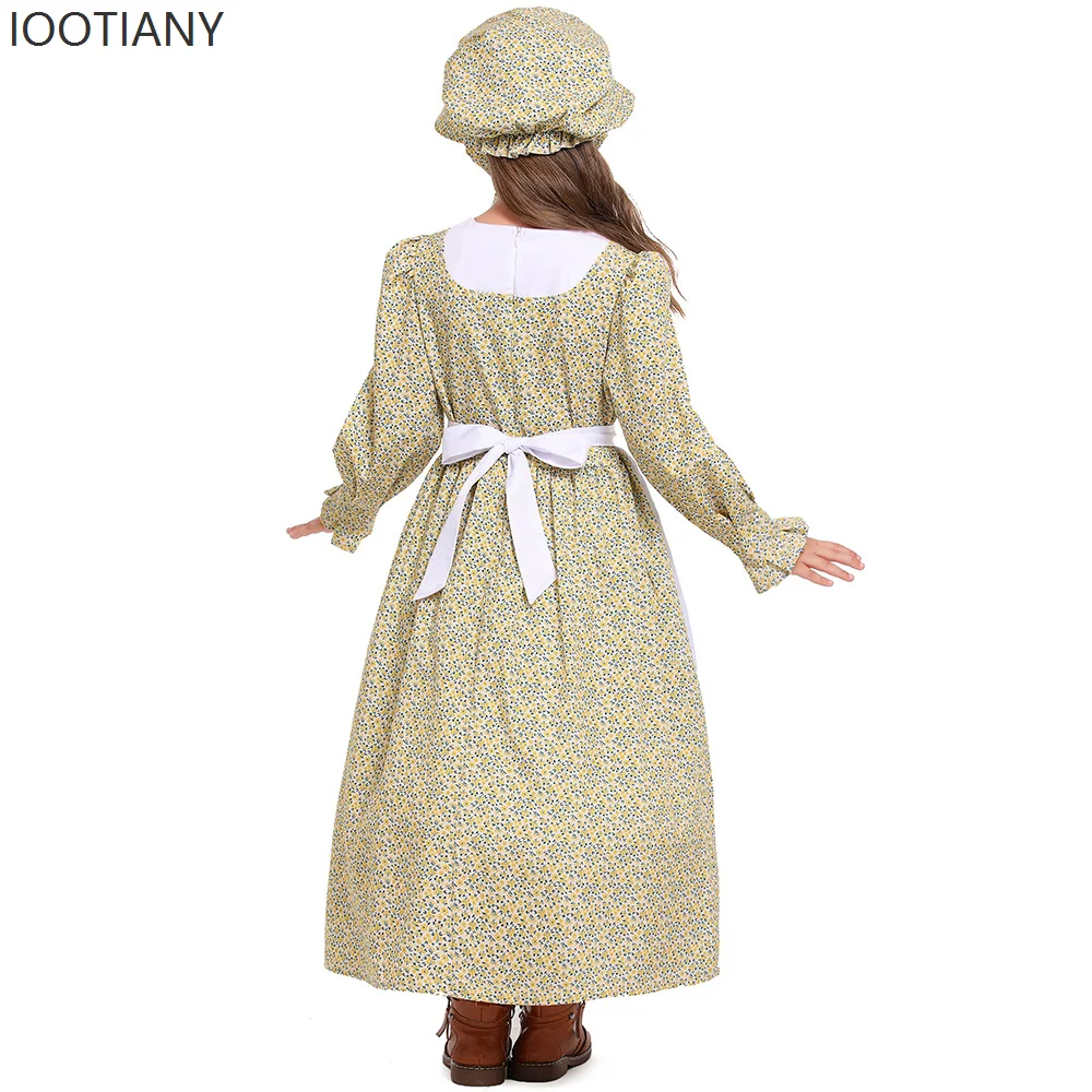 Nowy żółty kwiatowy kostium dla dziewczynek wiktoriański średniowieczny styl duszpasterski sukienka Halloween karnawałowe przyjęcie odgrywanie ról kostium fartuch zestaw