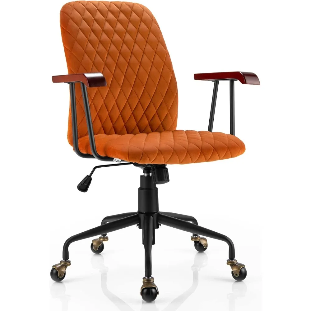 

Home Office Desk Chair Orange, Vintage Adjustable Swivel Rolling Chair with Copper Wheels & Armrest, Mid Century Leisure Chair,