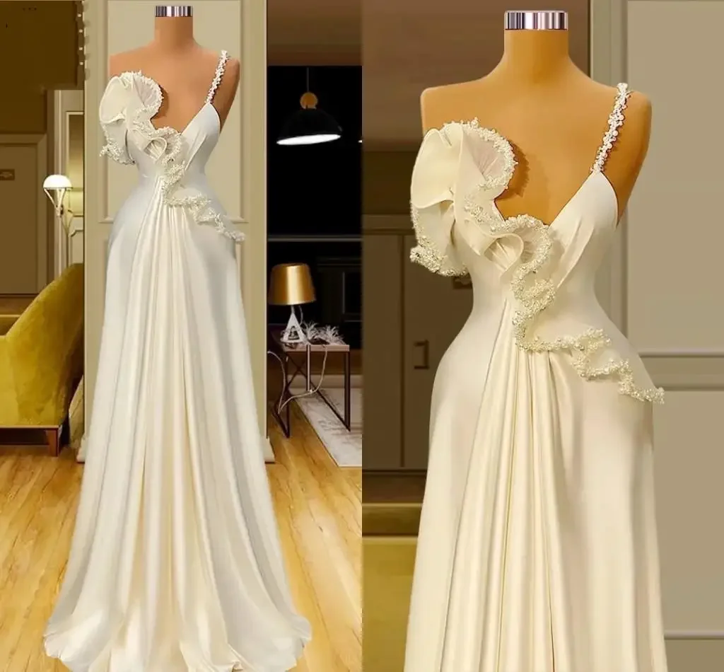 Customized Pretty Ivory Satin A Line Pearls Spaghetti Strap Wedding Dress Court Train Satin Unique Ruffles Garden MMaterninty