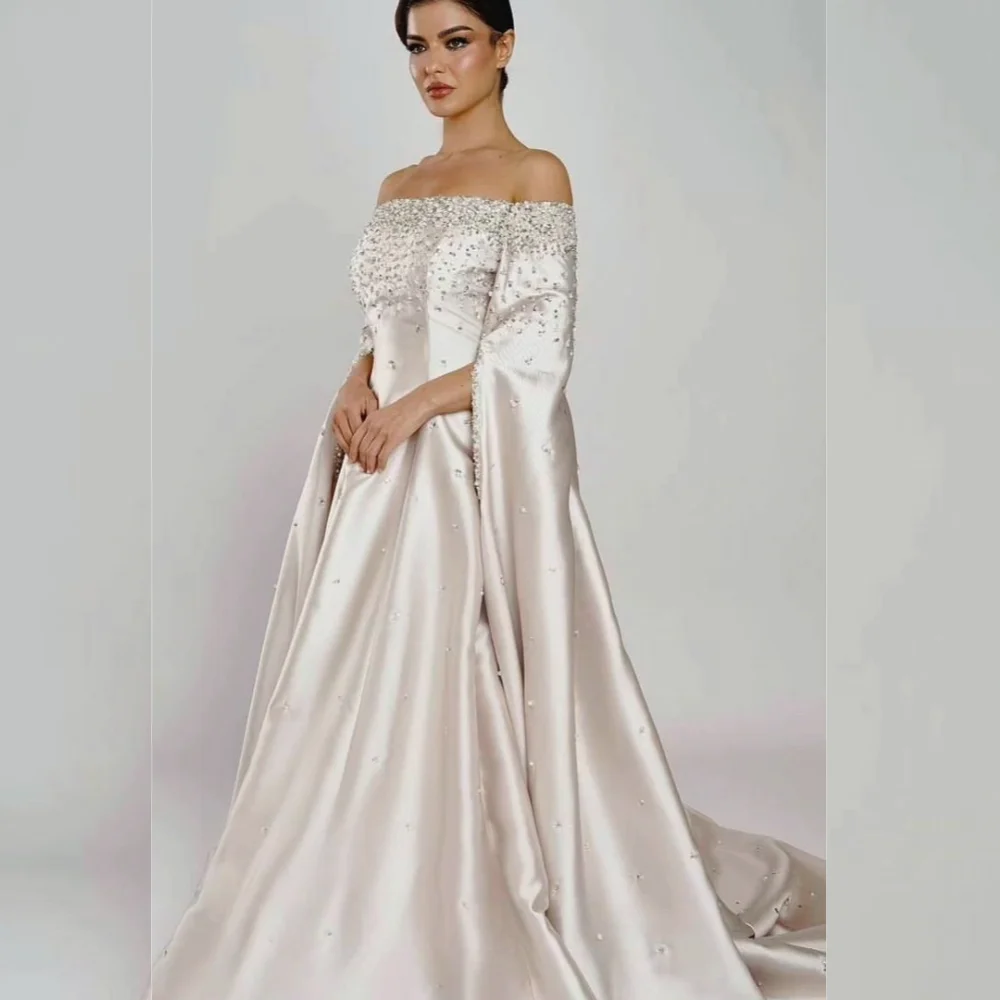 

Evening Satin Beading Draped Cocktail Party Gown Off-the-shoulder Bespoke Occasion Long Dresses Saudi Arabia