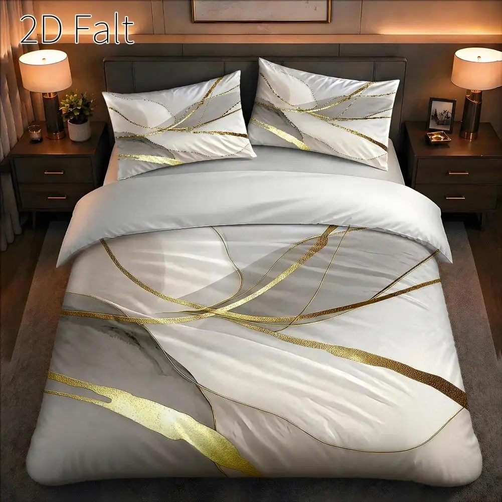 3Pcs Duvet Cover Set, 1 Duvet Cover + 2 Pillowcases, No Filler, 2D Flat Printing, 3Pcs Duvet Cover Set, Golden Abstract Line