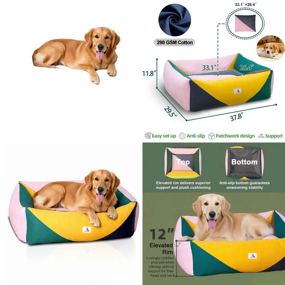 

Большая лежанка для собак из хлопкового холста с моющимся чехлом, поддерживающим бортиком и противоскользящим основанием