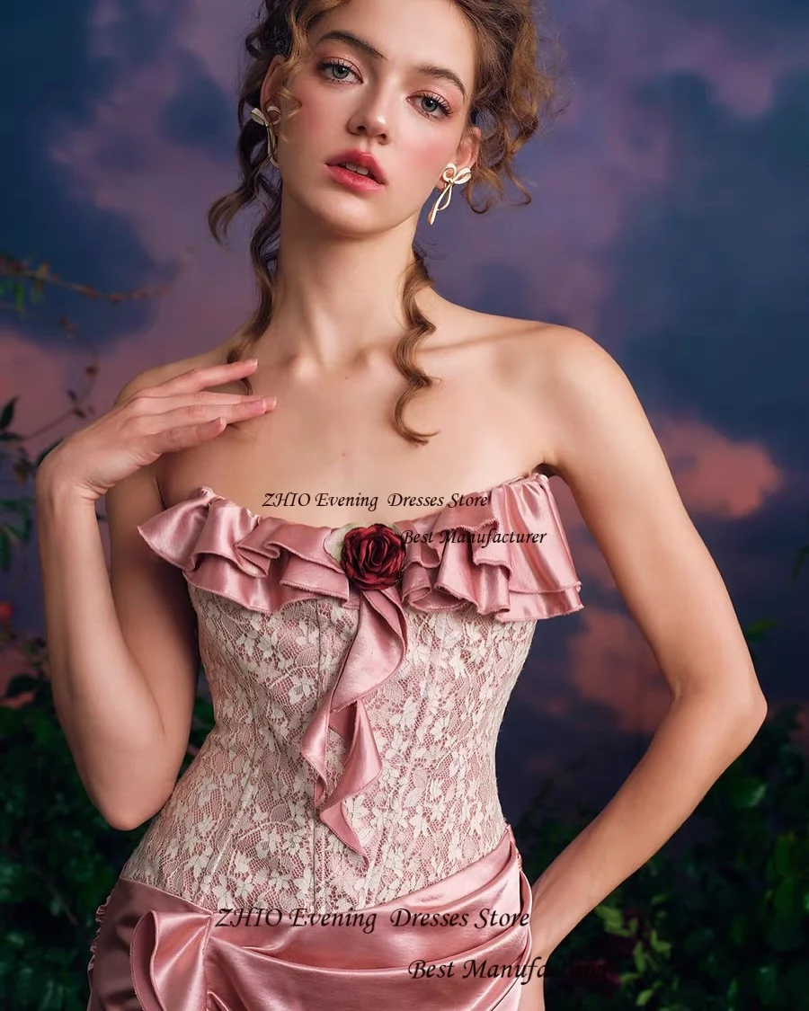 ZHIO Sexy satén encaje flor apliques asimétrico sin tirantes sin mangas vestido de fiesta vestidos de cóctel plisado con abertura alta