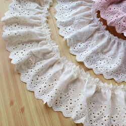 Cotton Pleated Ruffle Trim, Hollow Embroidery Guipure, 3D Lace Fabric Ribbon, Skirts Fringe Scarfs, Sewing Decor, White, Beige