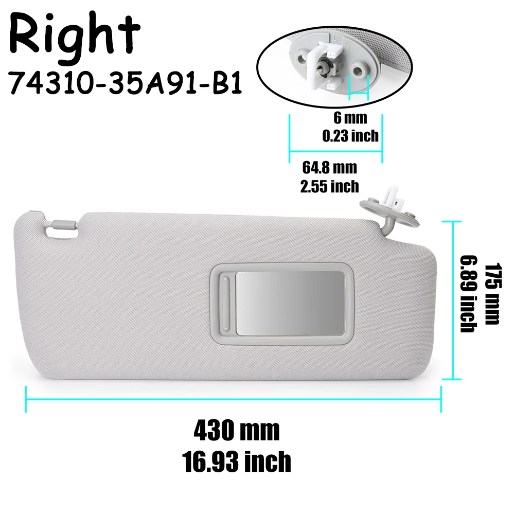 Gray Right Left Sun Visor Driver  Passenger Side  With Makeup mirror For Toyota Prado 2010-2023 74310-35A91-B1 7431035A91B1