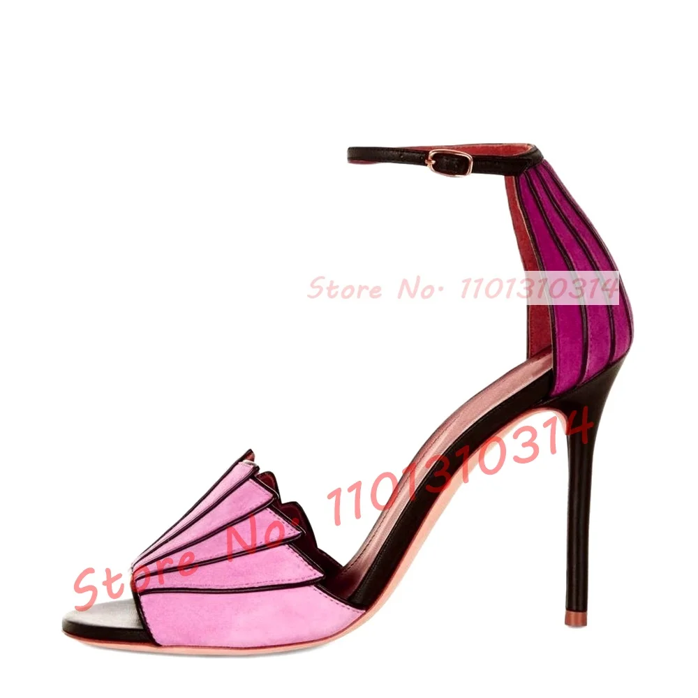 Multicolor Fan-shaped Suede Sandals Women Sweet Splicing Pink High Heels Open Toe Shoes Girl's Summer Party Cover Heel Shoes