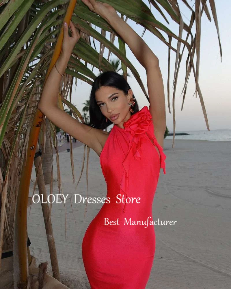 OLOEY Red Mermaid Evening Party Dresses High Neck Flowers Silk Satin Wedding Party Beach Prom Gowns Formal Party Dress