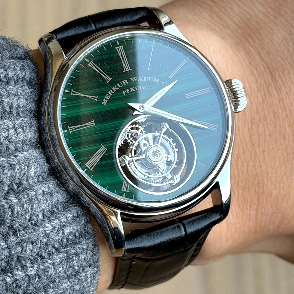 Merkur 100% Tourbillon Watch Men's Natural Stone Dial Malachite Sapphire Watch For Men Mechanical Wristwatches Relogio Masculino