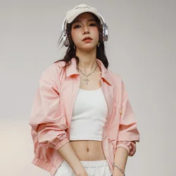 Maden Women‘s Vintage Baseball Collar Jacket Short Casual Outerwear Spring Fall Lightweight Daily Wear Pink