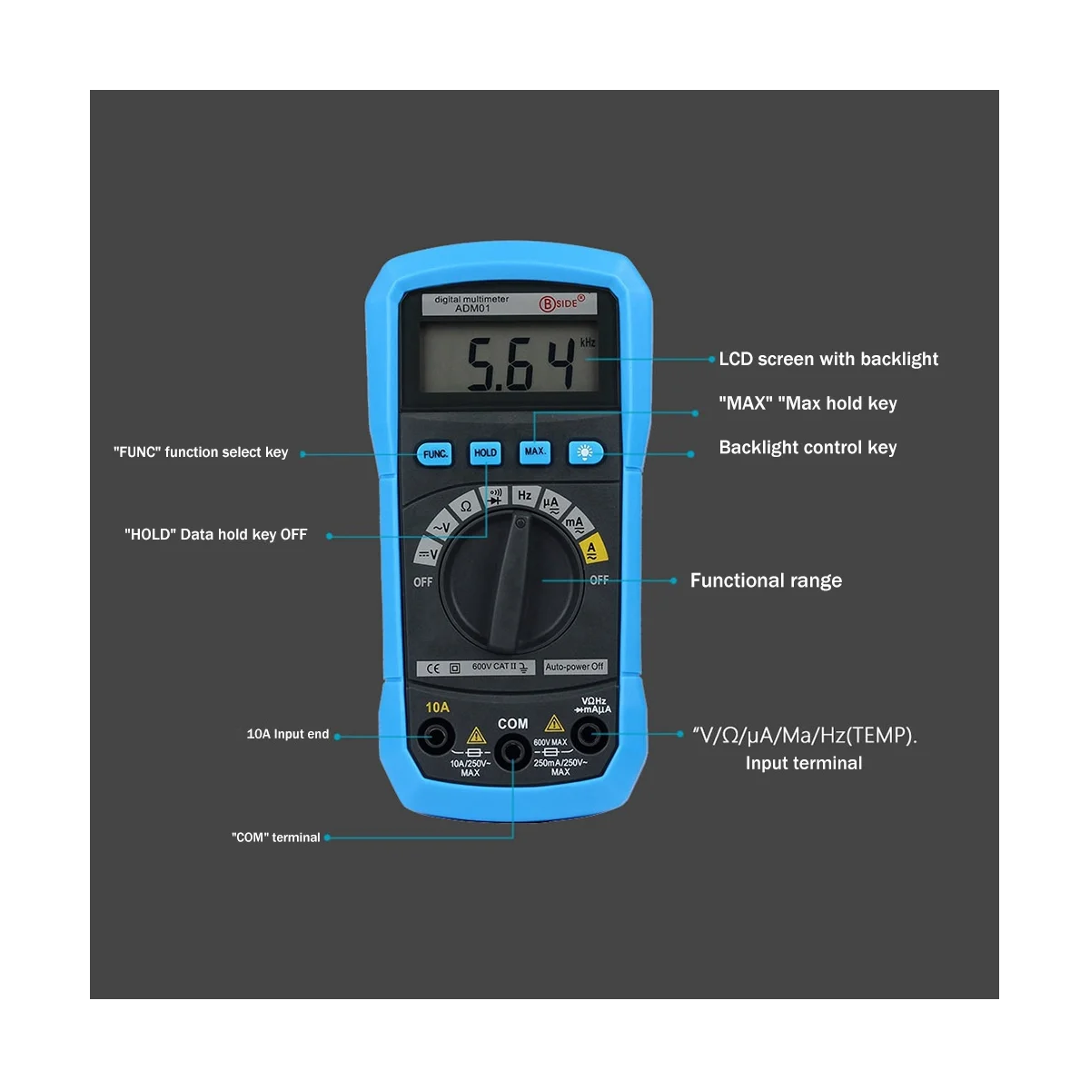 BSIDE ADM01 Digital Multimeter Multifunction AC/DC Voltage Current Temperature Resistance Capacitance Pocket Tester