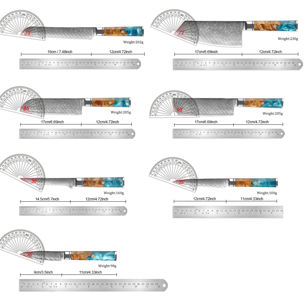 XITUO 1-7PCS Kitchen Knives Set Blue Resin Wood Handle Damascus Steel Bread, Santoku, Cleaver,Paring,Boning,Pro Cooking Knives