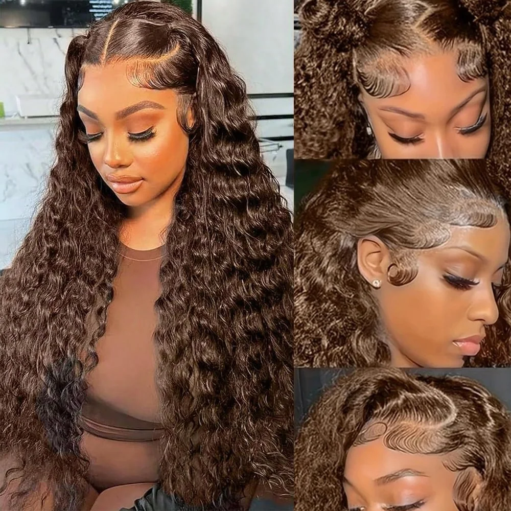 32 34 Inch 200 250 Density 13x4 HD Lace Front Pre Plucked with Baby Hair For Women #4 Chocolate Brown Deep Wave Human Hair Wigs
