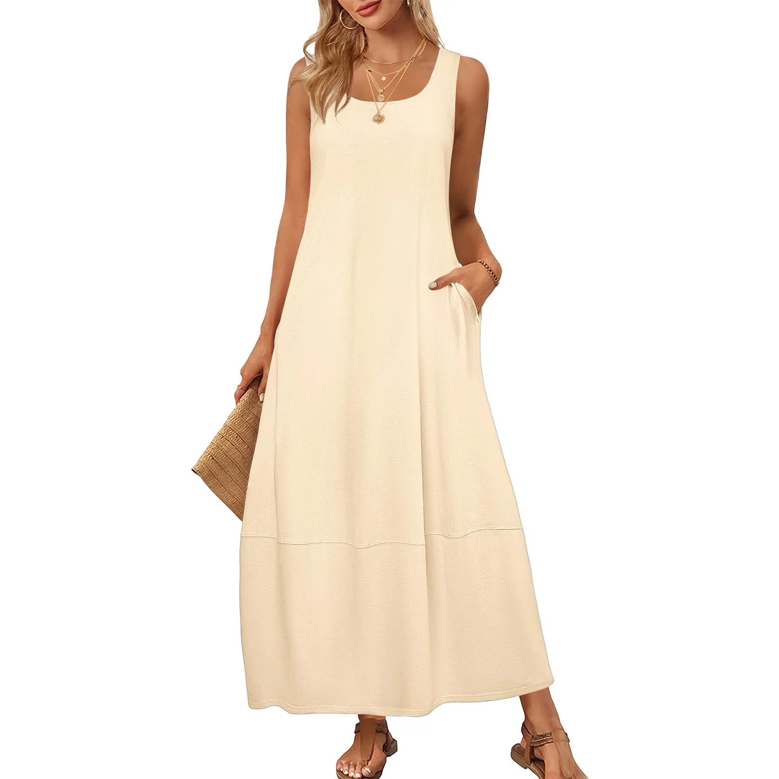 2026 Frühling Sommer Neues Elegantes Damen-Midikleid Ärmellos Einfarbig U-Ausschnitt Freizeitkleid Damen Party Club Kleidung Mit Tasche – Detail 8