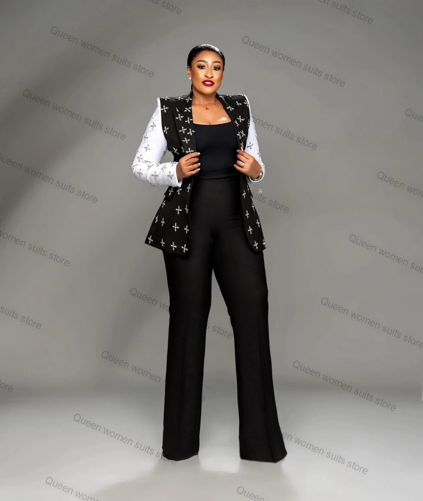 Conjunto de traje de 2 piezas para mujer, Blazer y pantalones, esmoquin de boda, chaqueta, abrigo Formal, vestido de graduación de oficina, traje hecho a medida, blanco y negro