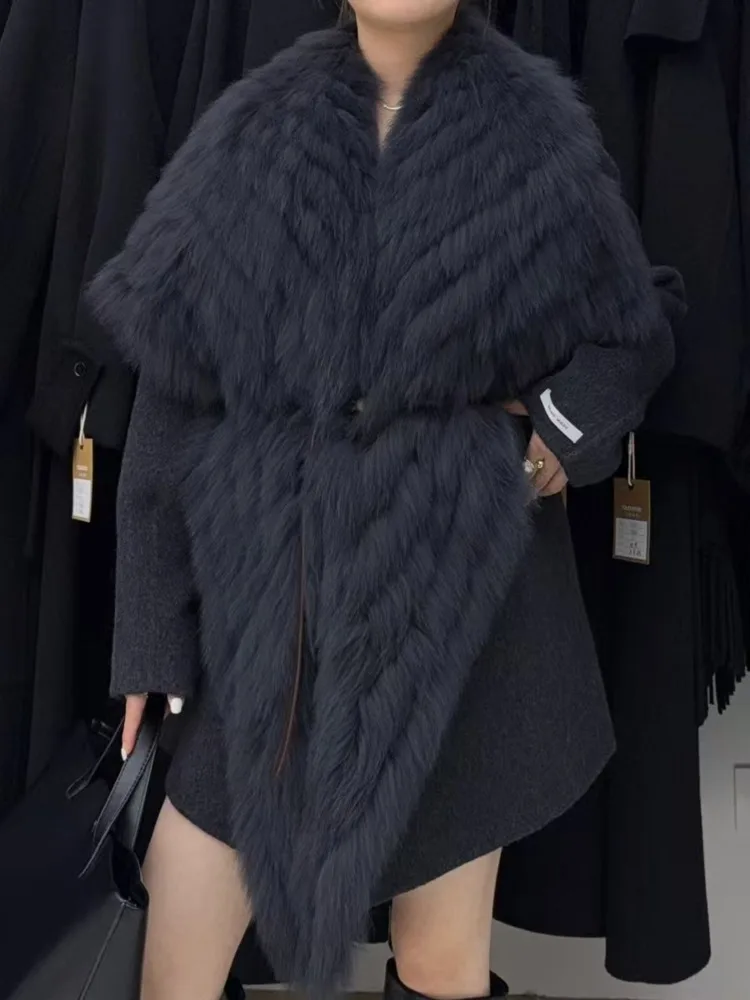 ZMEENNA Womens Luxurious Wool Blend Coat With Oversized Fur Collar Trim Warm Winter Outwear Short Elegant Jacket Brown ZM4540