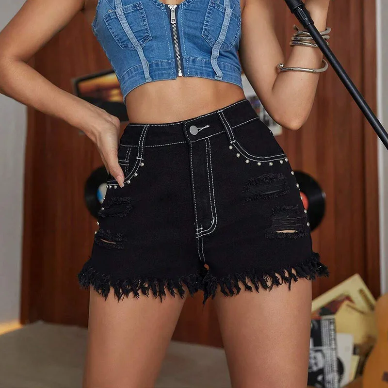 Women Beaded Denim Shorts Female High Waist Fashion Shorts Street Punk Style Skinny Rhinestone Tassel Jeans Shorts Hot Pant Q154