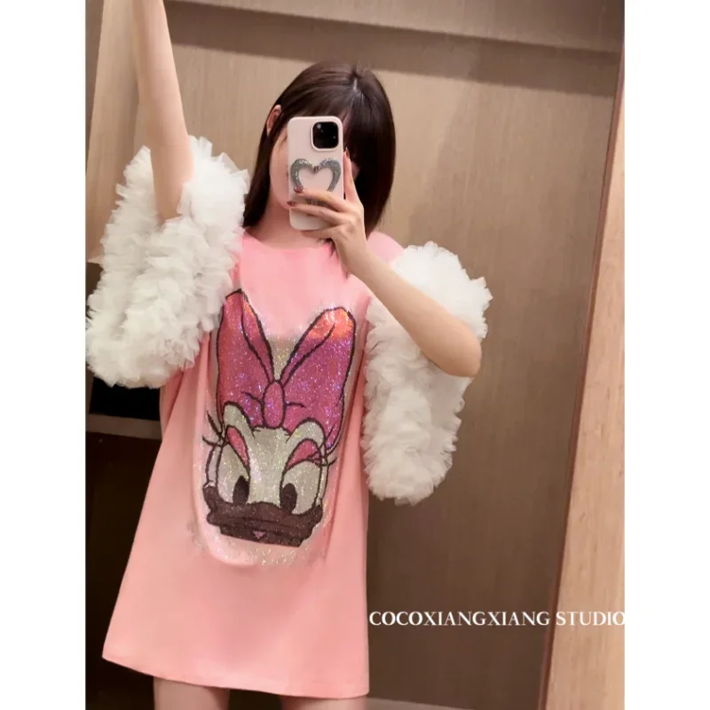 Thai Rhinestone Cartoon T-shirt Heavy Industry Net Yarn Stitching Loose Mid-Length Tshirt Dress Women\'s Y2k Clothes