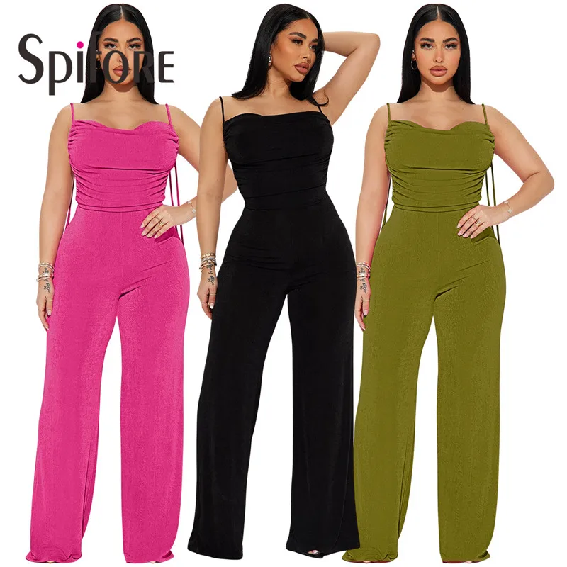 Spifore Sexy Sleeveless Backless Women Jumpsuits Spaghetti Strap Folds Casual Rompers Fashion Streetwear Solid Overalls Dropship