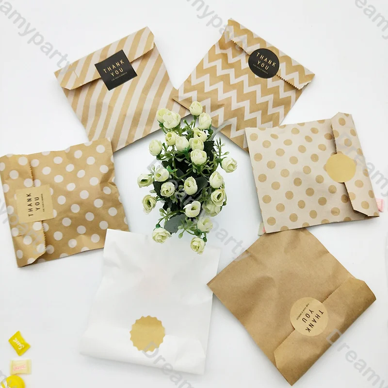 25pcs Ripple Diagonal Stripes Brown White Dots Kraft Paper Candy Biscuit Pastr Popcorn Bag Birthday Wrapping Paper Bag Supplies