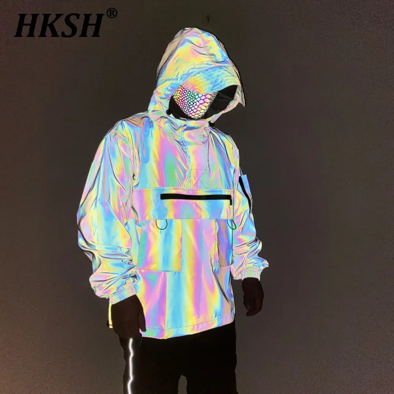 HKSH Spring Autumn New Multi Pockets Tactical Functional Colorful Reflective Workwear Jackets Couple Relaxed Hooded Coats HK2281