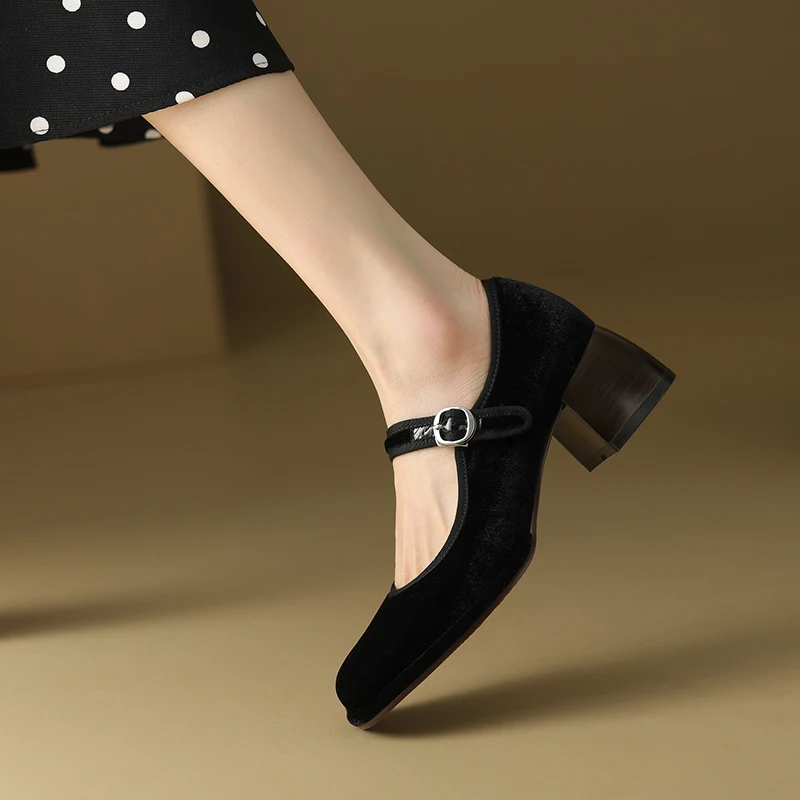 2023 Spring Fashion Single Shoes Women\'s New Elegant Black Sheep Velvet Mid-high Heels Ladies All-Match Buckle Mary Jane Shoes