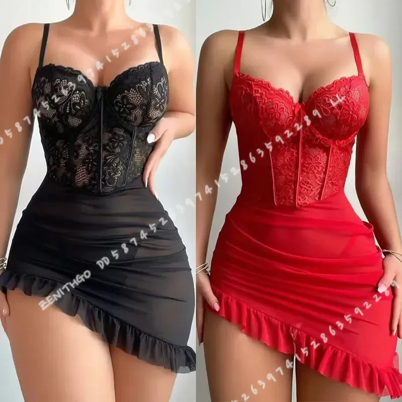 Women Lingerie Set Transparent Underwire Bra See Through Lace Nightdress Fairy Style Pajamas Delicate Erotic Nighty
