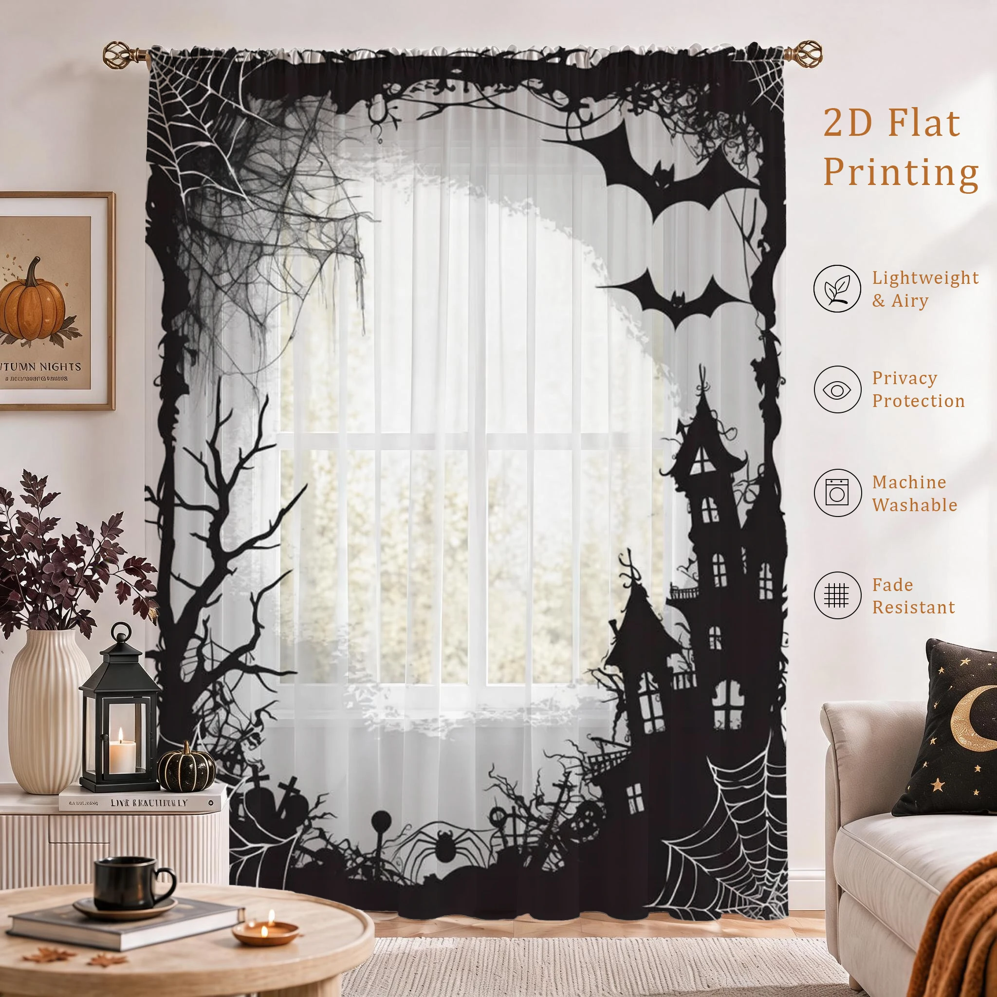 Halloween Haunted House Bat Spider Web Sheer Voile Curtain Rod Pocket Window Curtain for Home Party Decoration