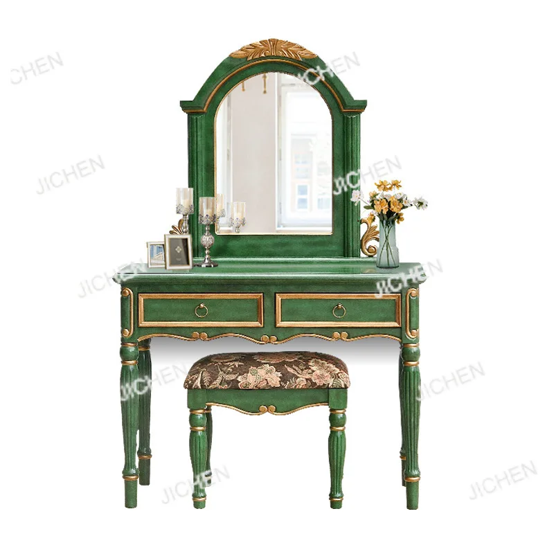 

European dresser, solid wood simple luxury makeup table stool retro with mirror 1 meter wide