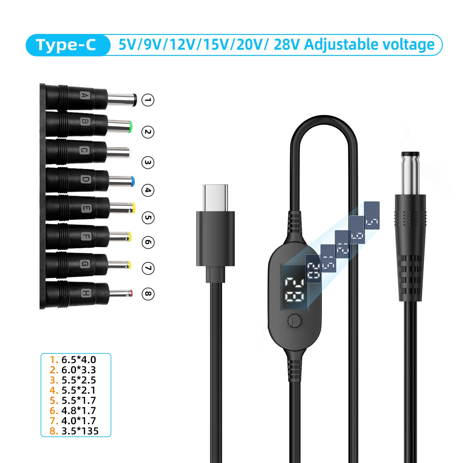 USB-C-auf-DC-Stromkabel 140W Typ-C auf 5V 9V 12V 15V 20V 28V Einstellbarer Spannungsadapter Anschlusskabel für Laptops und Router
