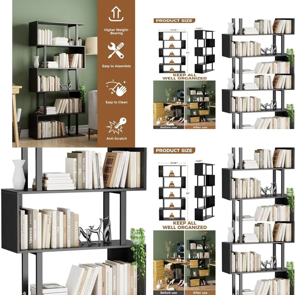 

5-уровневый книжный шкаф с геометрическим рисунком, S-образная книжная полка, деревянные декоративные стеллажи для хранения, современные отдельно стоящие витрины, высокая книга S