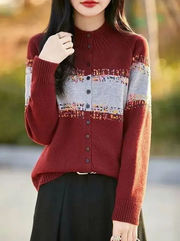 

Retro Striped Knit Sweater Women's Outerwear Spring Autumn New Lazy Semi High Collar Versatile Long Sve Open Cardigan