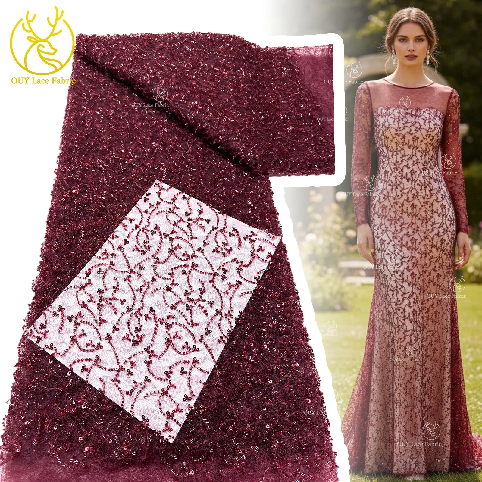 

Burgundy Nigerian Beaded Lace Fabric 2026 High Quality African Lace Fabric 5 yards French Sequin Lace Fabric Ladies Dress Sewing