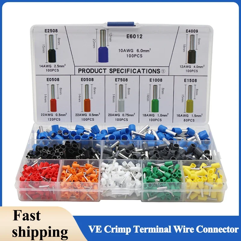 

Boxed Cable VE Crimp Terminal Wire Connector Electrical Tube Terminals Multiple Box Pre-Insulated Crimping Sleeve Terminal Suit