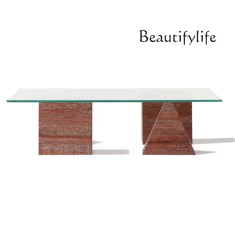 

DS Simple Natural Red Travertine Plus Glass Coffee Table Designer Villa Living Room Home Coffee Table